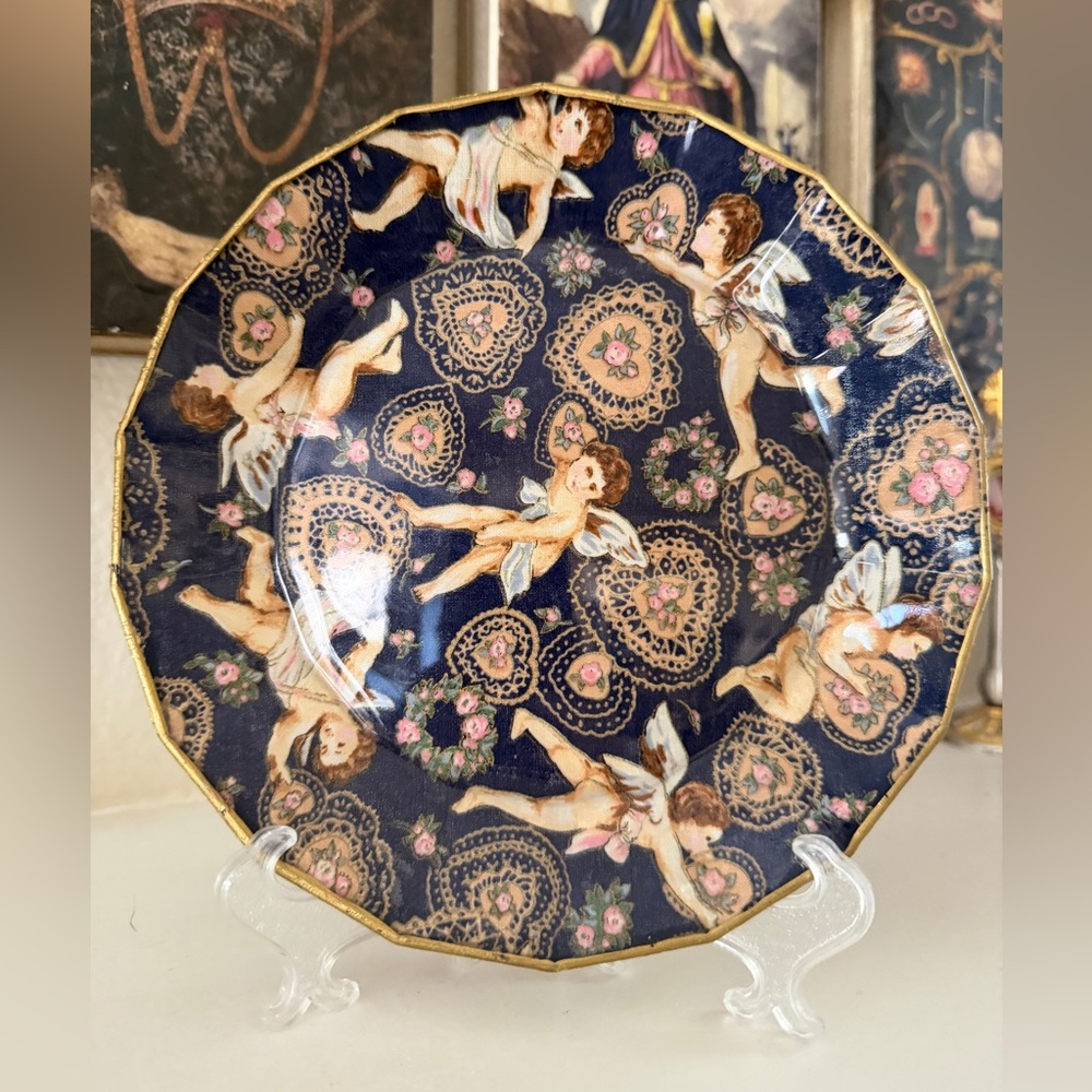 Cherub Decoupage Decorative Plate –‎ Vintage Navy & Gold Angel Art